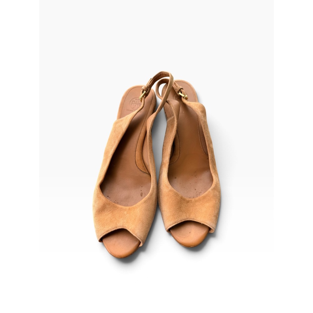 Tory Burch Tan Suede Peep Toe Cork Wedge Slingback Sandals Women's Size 10 M